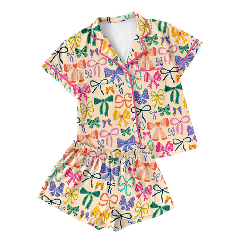Preorder Adult Women Short Sleeves Colorful Bows Buttons Pocket Shirt Shorts Pajamas Set ( Moq 5 )