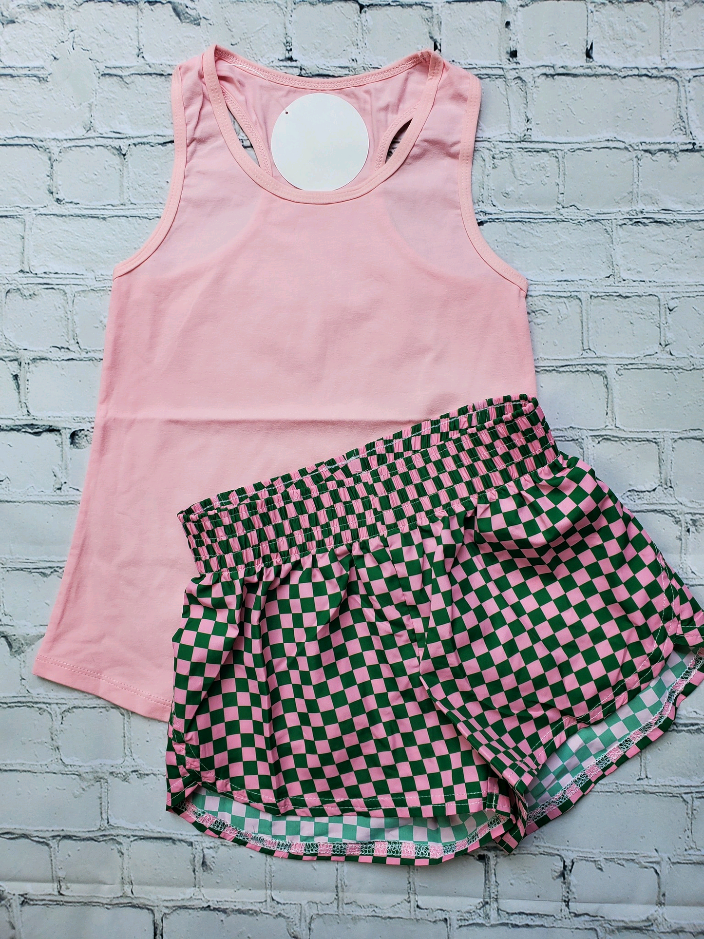Preorder Baby Girl Sleeveless Pink Tunic Plaid Shorts Set ( Moq 5 )