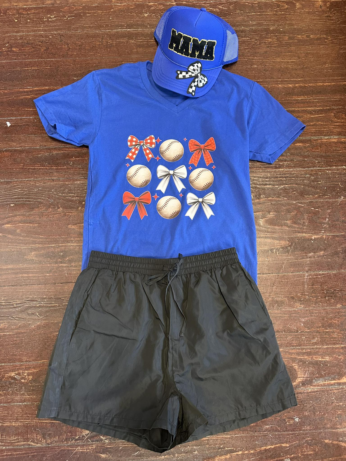 Preorder Baby Girl Short Sleeves Bows Baseball BlueShirt Black Pockets Shorts Set ( Moq 5 )