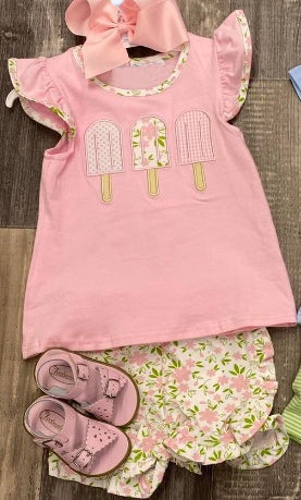 Preorder Baby Girl Short Sleeves Popsicles Pink Shirt Flower Shorts Set ( Moq 5 )