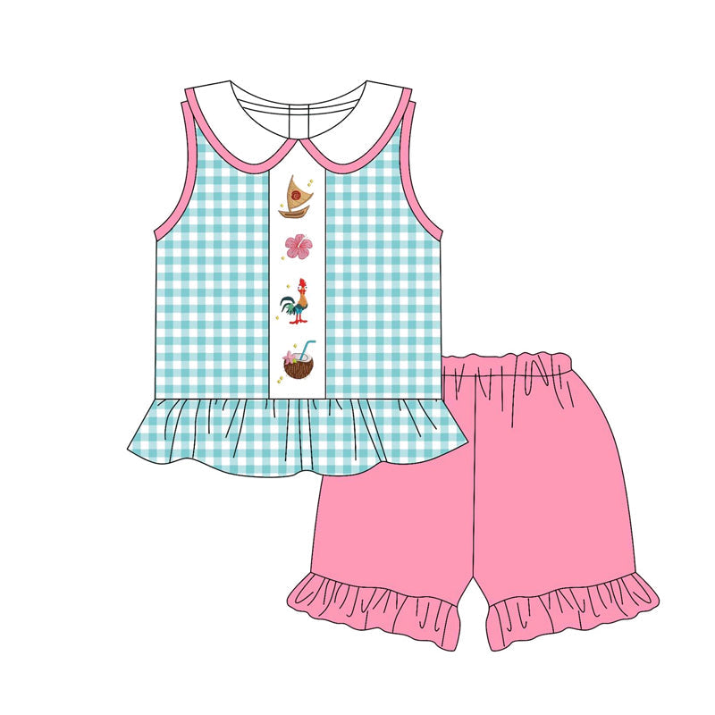 Preorder Baby Girl Sleeveless Green Plaid Princess Tunic Ruffle Shorts Set ( Moq 5 )
