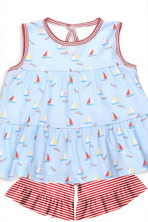Preorder Baby Girl Sleeveless Boats Blue Tunic Red Stripes Ruffle Shorts Set ( Moq 5 )