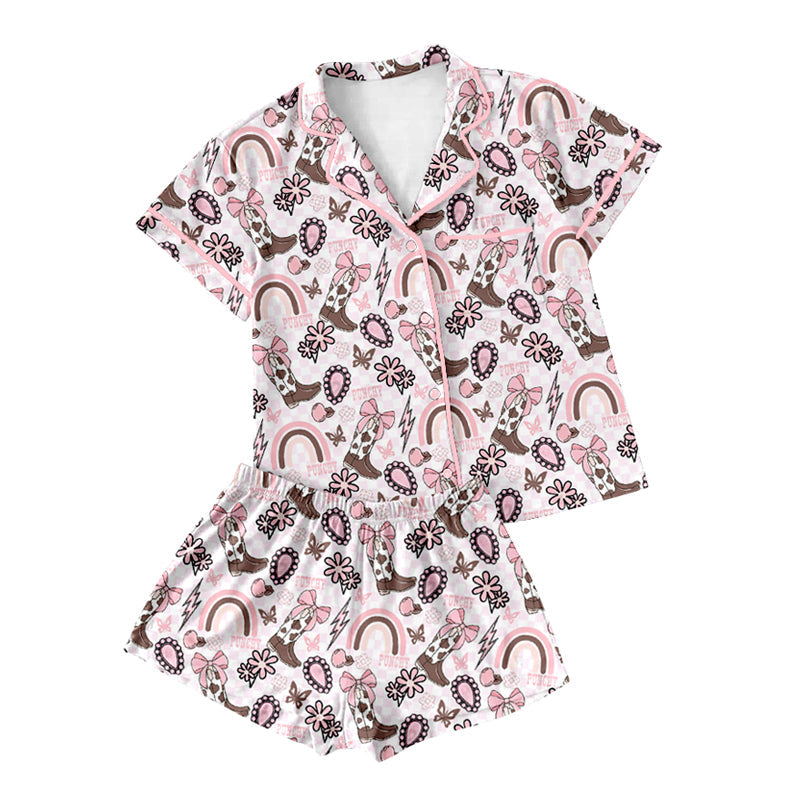 Preorder Adult Women Western Bows Flower Boots Buttons Pocket Shirt Shorts Pajamas Set ( Moq 5 )