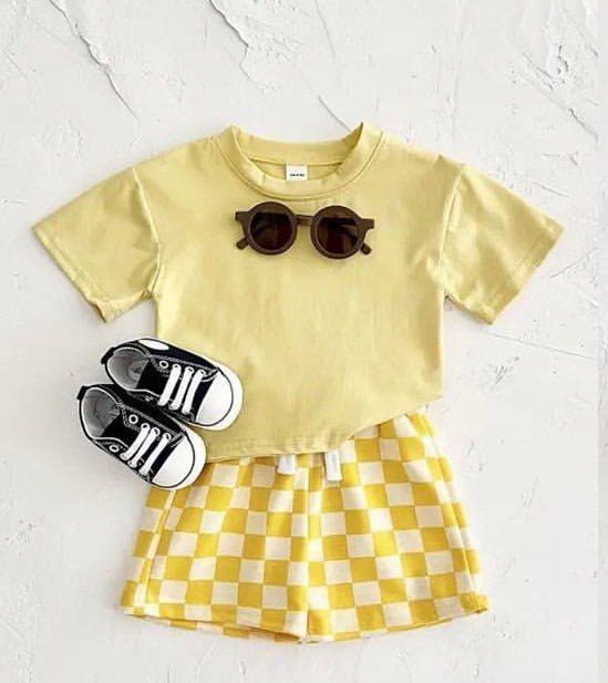 Preorder Baby Kids Toddler Short Sleeves Yellow Shirt Checked Shorts Set ( Moq 5 )
