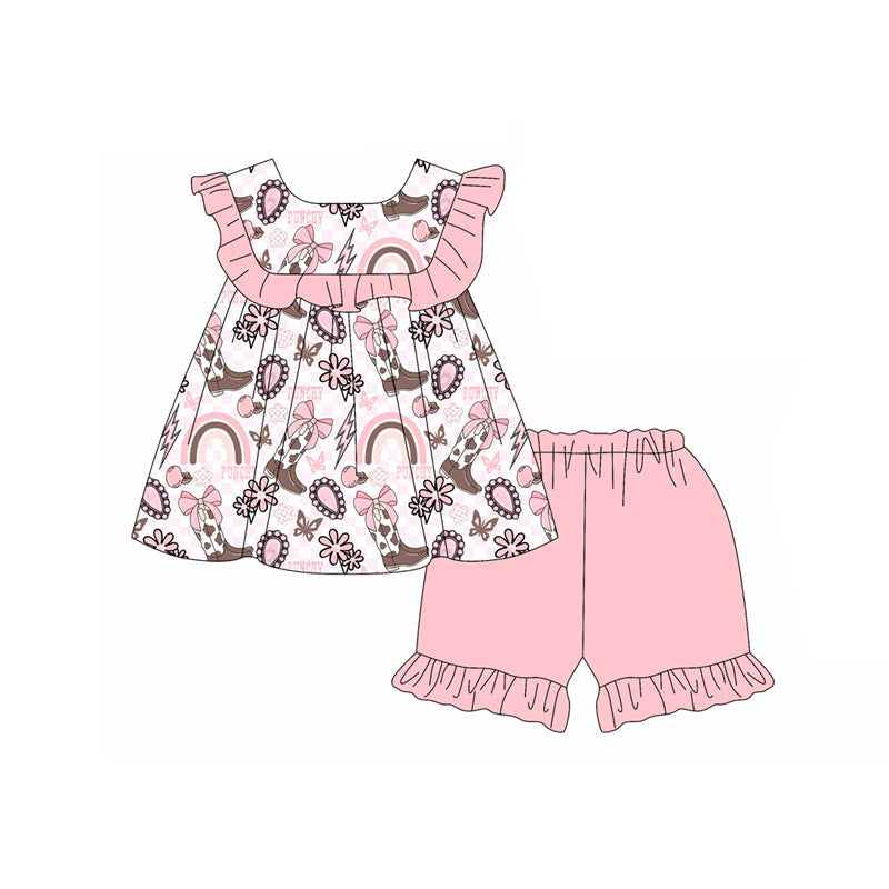 Preorder Baby Girl Western Boots Rainbow Bows Tunic Ruffle Pink Shorts Set ( Moq 5 )