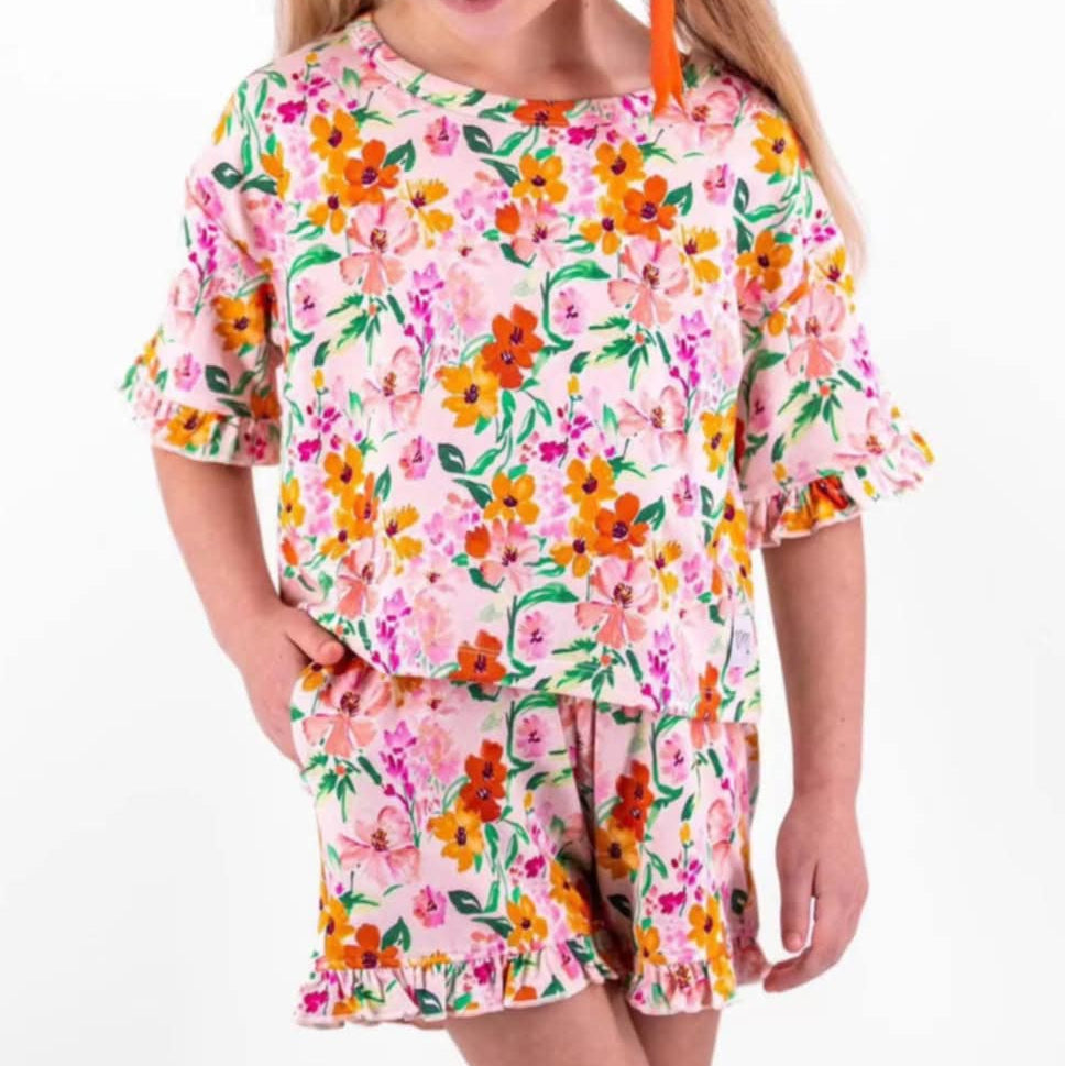 Preorder Baby Girl Short Sleeves Flower Shirt Pockets Shorts Pajamas Set ( Moq 5 )