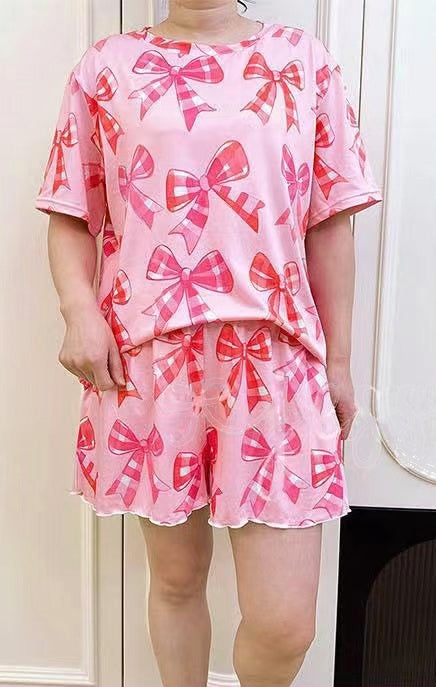 Preorder Adult Women Short Sleeves Checked Bows Shirt Shorts Pink Pajamas Clothes Set ( Moq 5 )