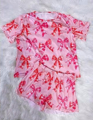 Preorder Baby Girl Short Sleeves Checked Bows Shirt Shorts Pink Pajamas Clothes Set ( Moq 5 )