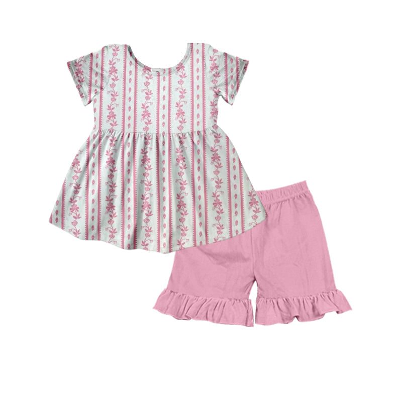 Preorder Baby Girl Short Sleeves Flower Stripes Tunic Pink Shorts Set ( Moq 5 )