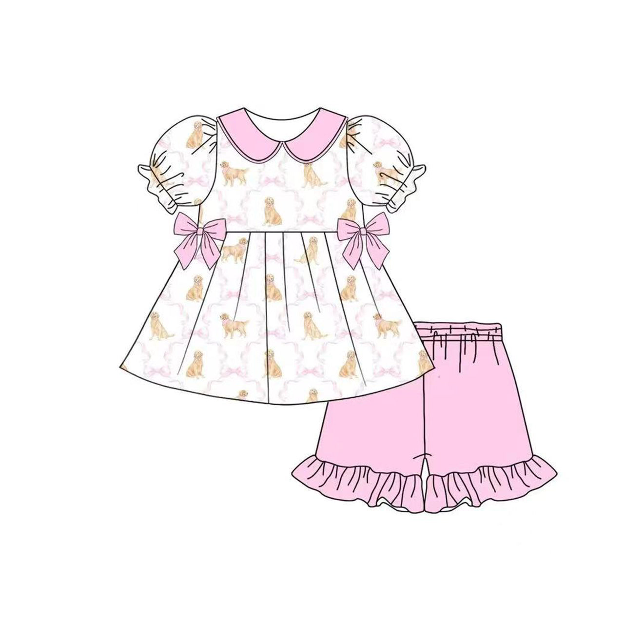 Preorder Baby Girl Short Sleeves Dogs Bows Tunic Pink Ruffle Shorts Set ( Moq 5 )