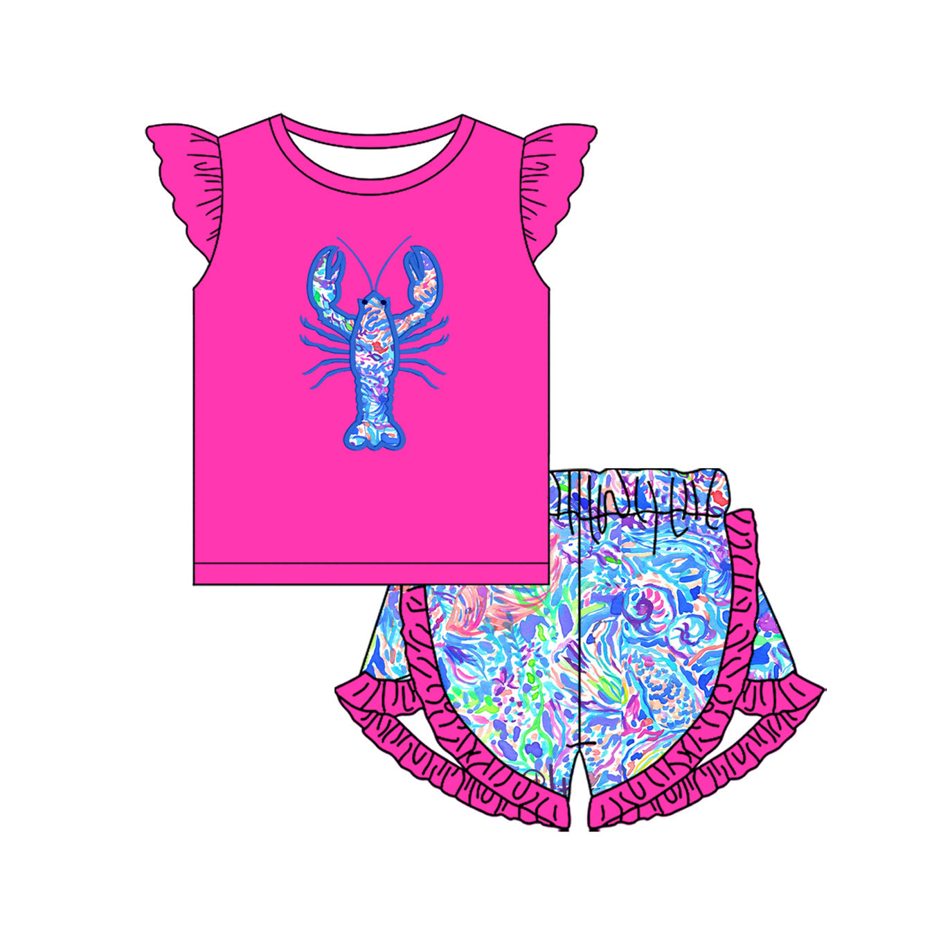Preorder Baby Girl Short Sleeves Pink Crayfish Shirt Floral Ruffle Shorts Set ( Moq 5 )