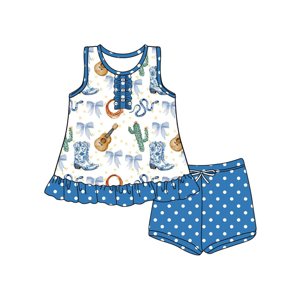 Preorder Baby Girl Western Boots Cactus Buttons Tunic Dots Shorts Set ( Moq 5 )