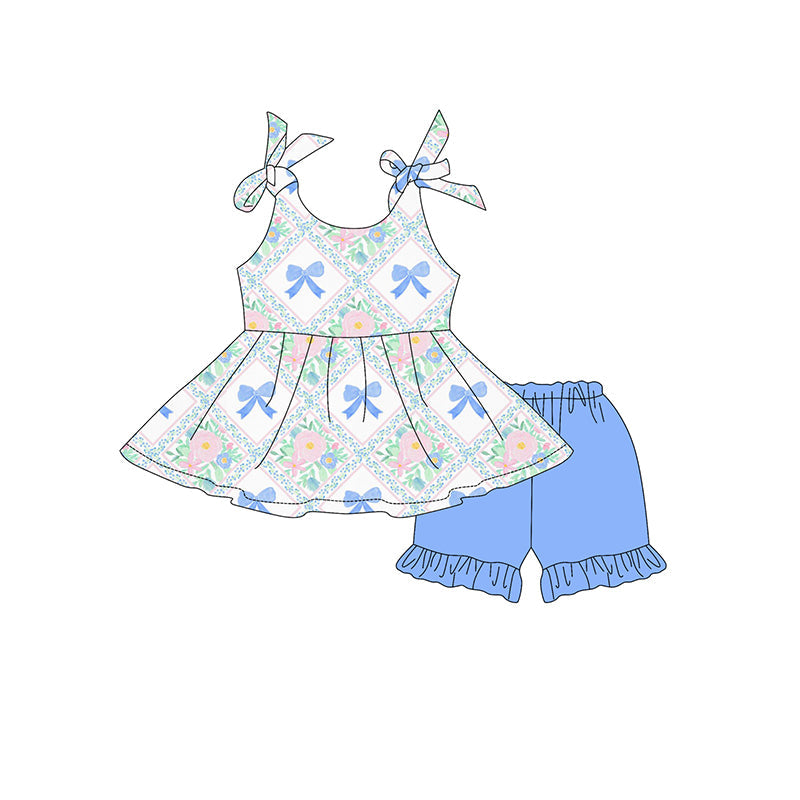 Preorder Baby Girl Straps Bows Flower Tunic Blue Ruffle Shorts Set ( Moq 5 )