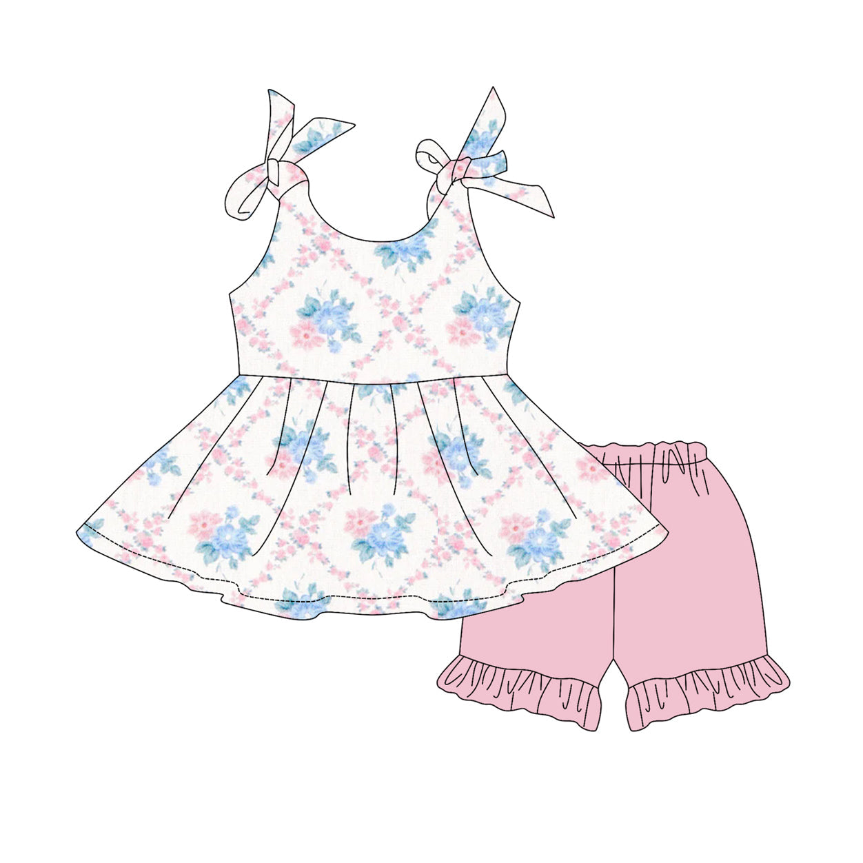 Preorder Baby Girl Straps Pink Blue Flower Tunic Pink Ruffle Shorts Set ( Moq 5 )