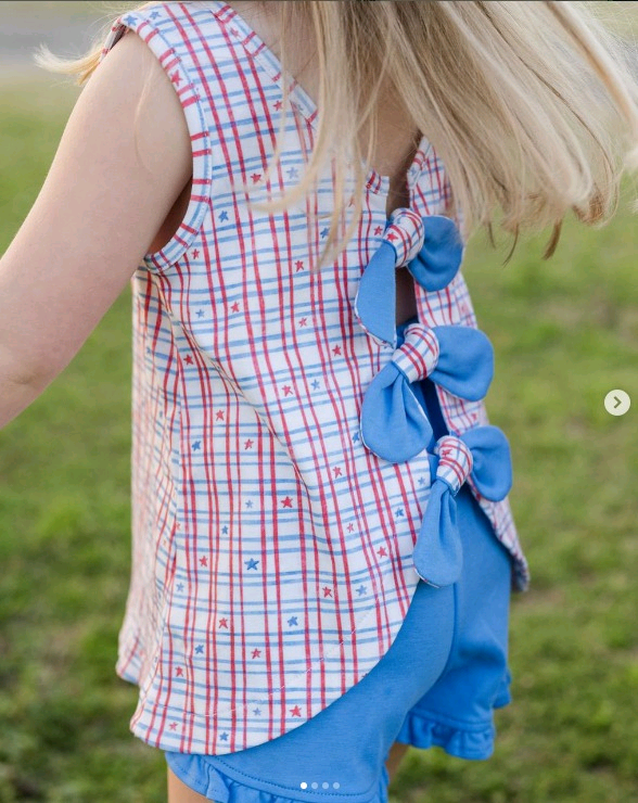 Preorder Baby Girl Sleeveless Stars Checked Tunic Ruffle Blue Shorts 4th Of July Set ( Moq 5 )