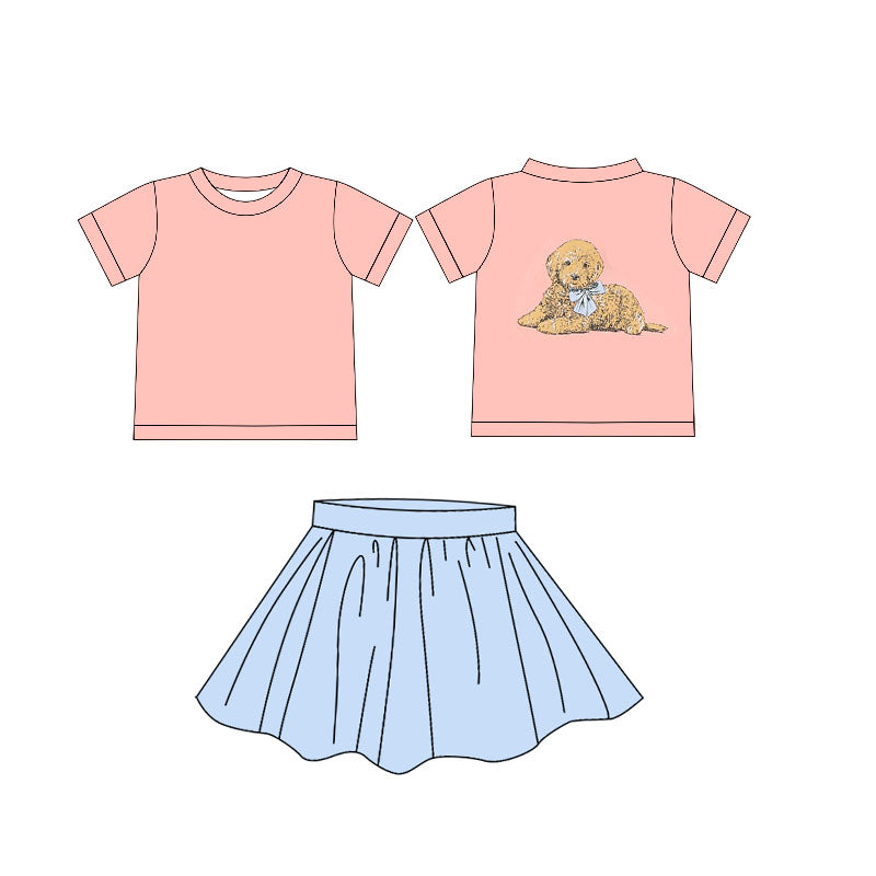 Preorder Baby Girl Short Sleeves Dog Pink Shirt Blue Skirt Set ( Moq 5 )