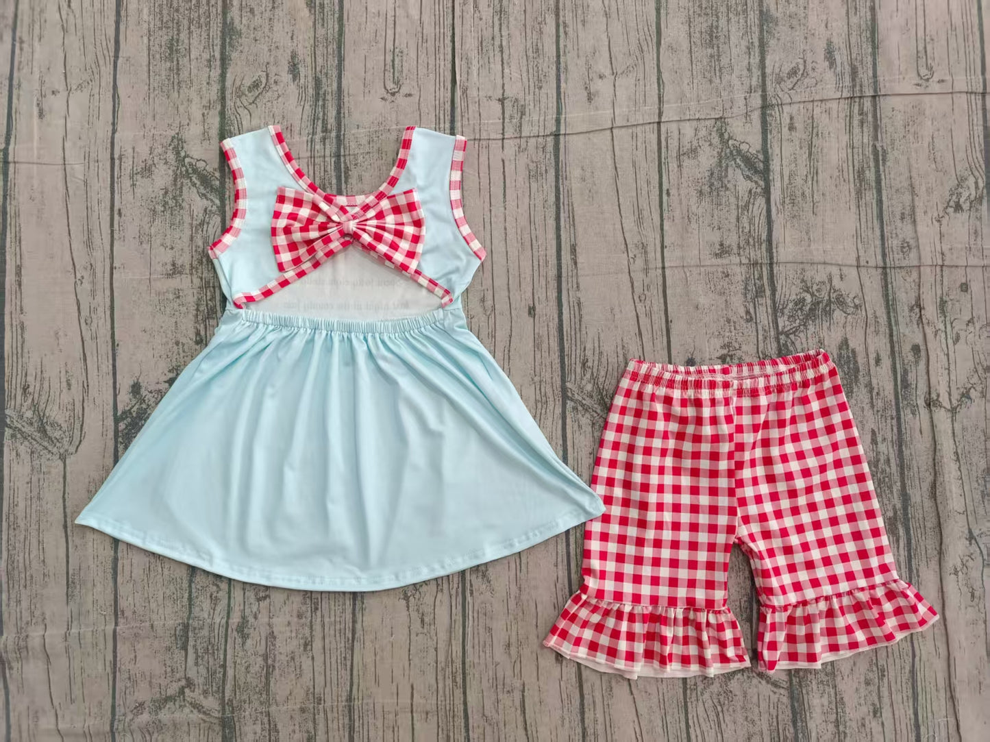 ( No moq ) Preorder Baby Girl Sleeveless Blue Tunic Red Plaid Ruffle Shorts Set