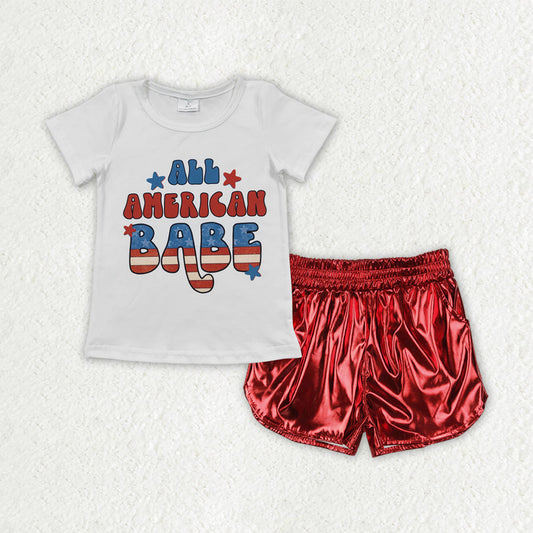 Baby Girl Short Sleeves 4th Of July Shirt Red Leather Shorts Clothes Set RTS