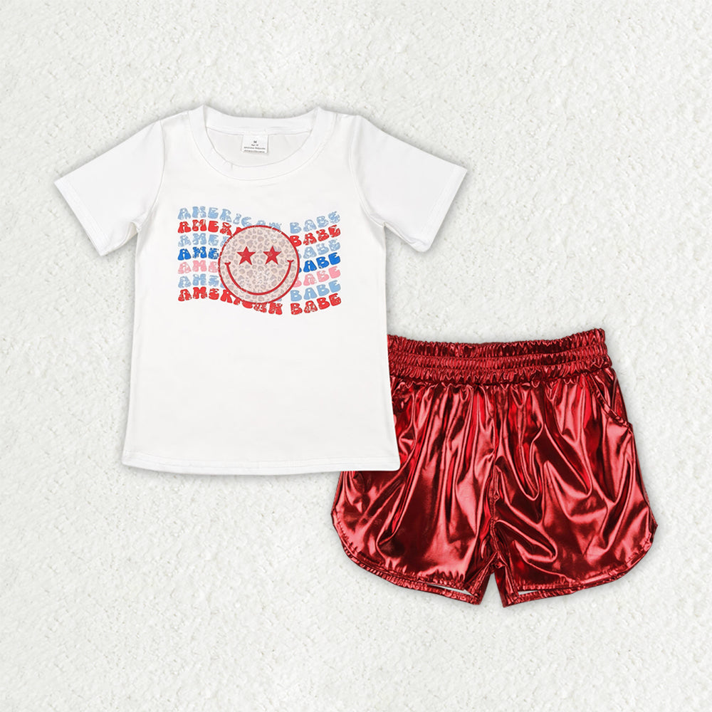 Baby Girl Short Sleeves 4th Of July Smile Shirt Red Leather Shorts Clothes Set RTS