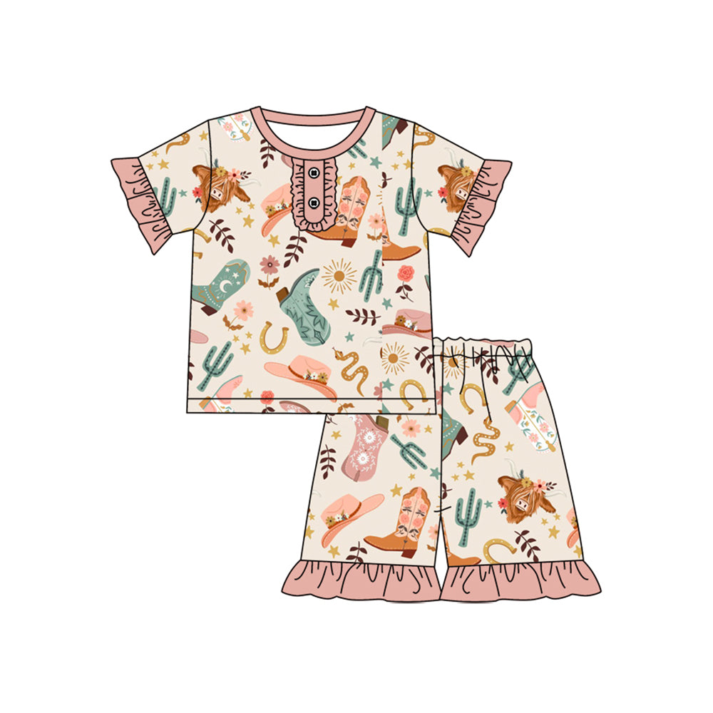 Preorder Baby Girl Short Sleeves Cows Boots Button Shirt Western Shorts Pajamas Set ( Moq 5 )