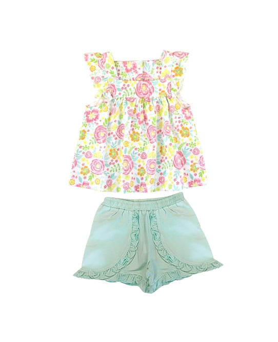 Preorder Baby Girl Short Sleeves Flower Tunic Green Ruffle Shorts Set ( Moq 5 )
