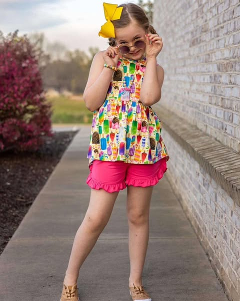 Preorder Baby Girl Sleeveless Popsicles Tunic Pink Ruffle Shorts Set ( Moq 5 )