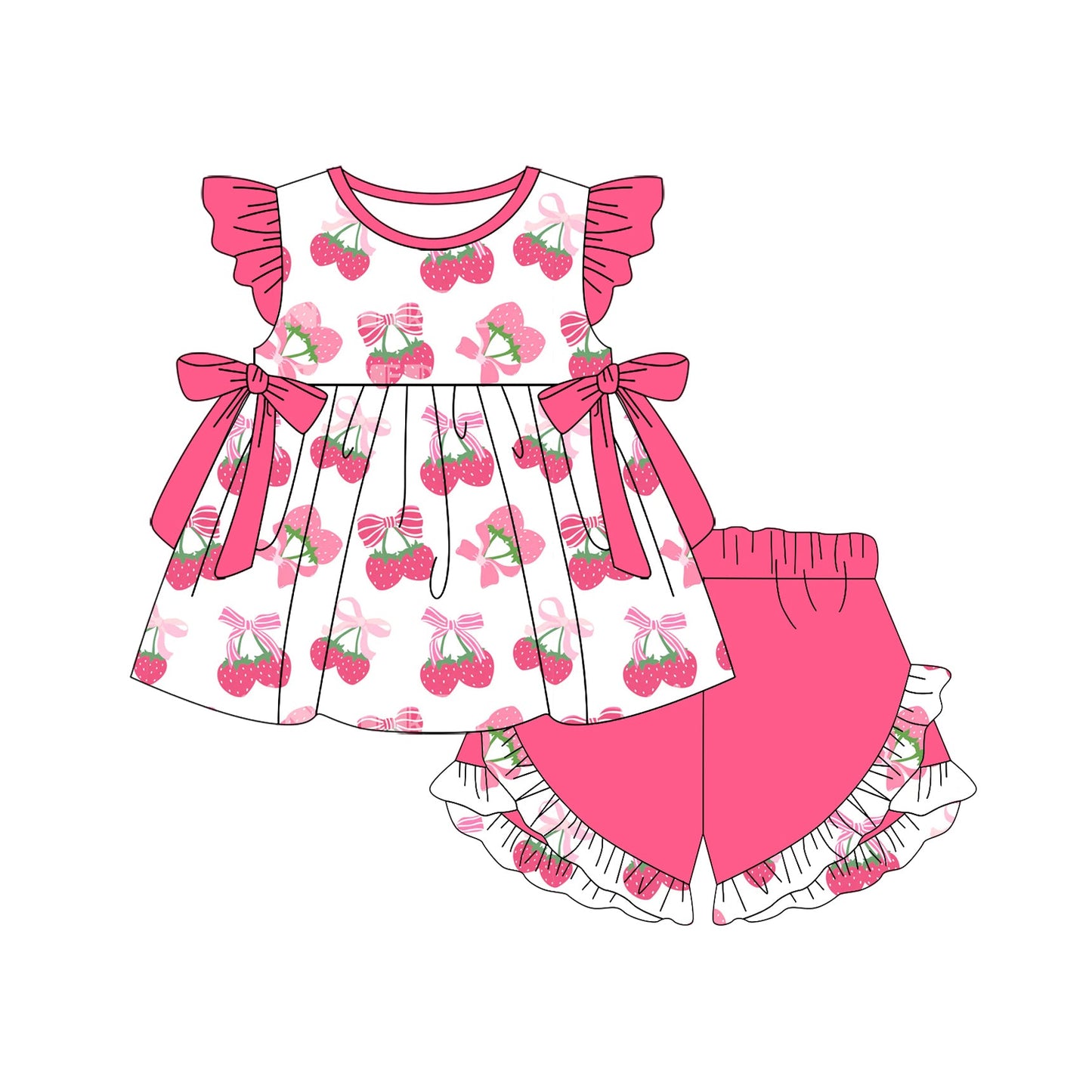 Preorder Baby Girl Short Sleeves Bows Strawberry Tunic Ruffle Pink Shorts Set ( Moq 5 )