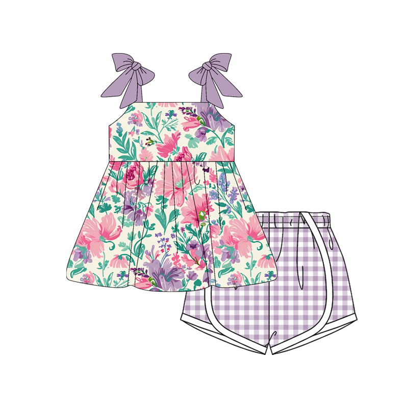 Preorder Baby Girl Straps Flower Tunic Purple Plaid Shorts Set ( Moq 5 )