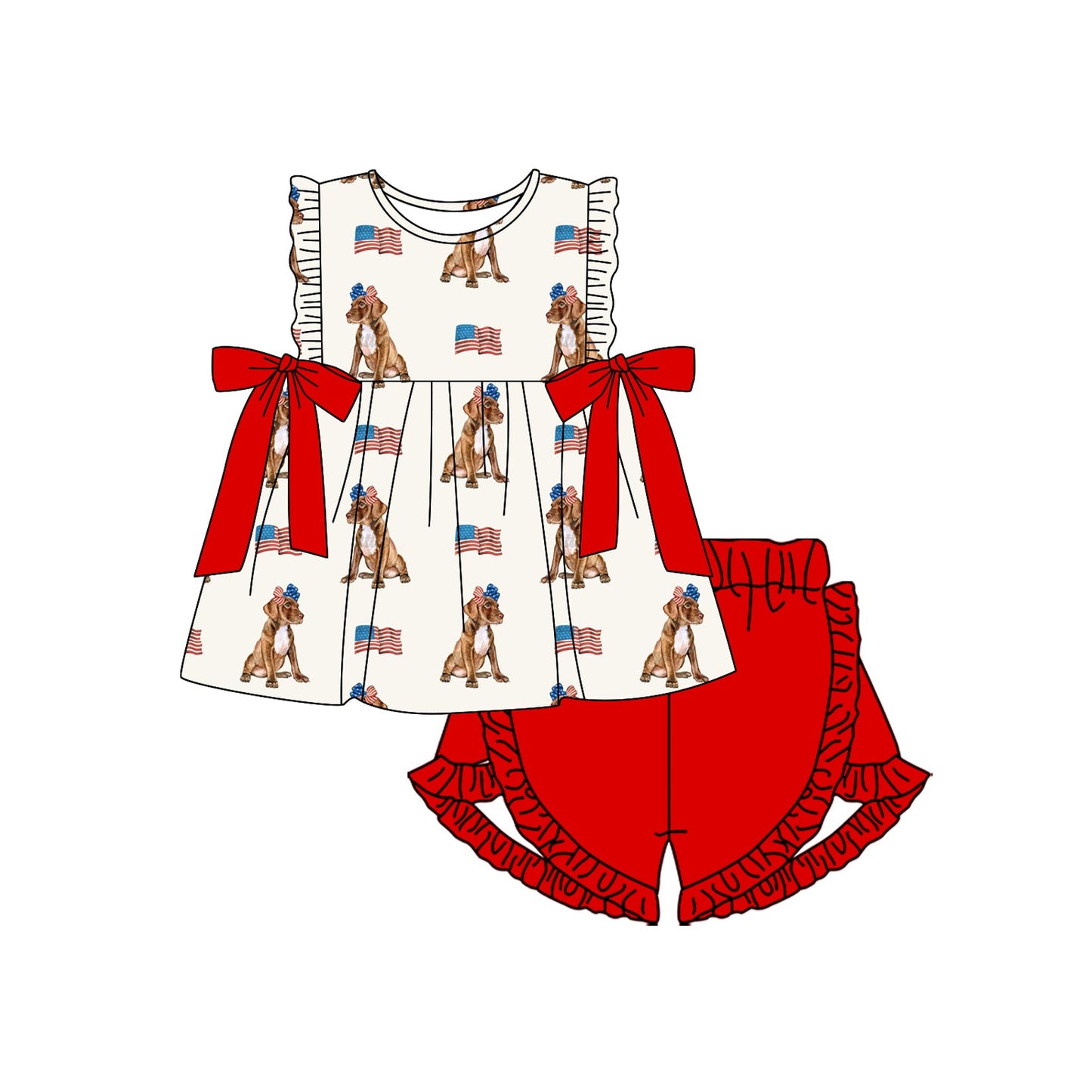 Preorder Baby Girl Dogs Flags Bows Tunic Red Shorts 4th Of July Set ( Moq 5 )