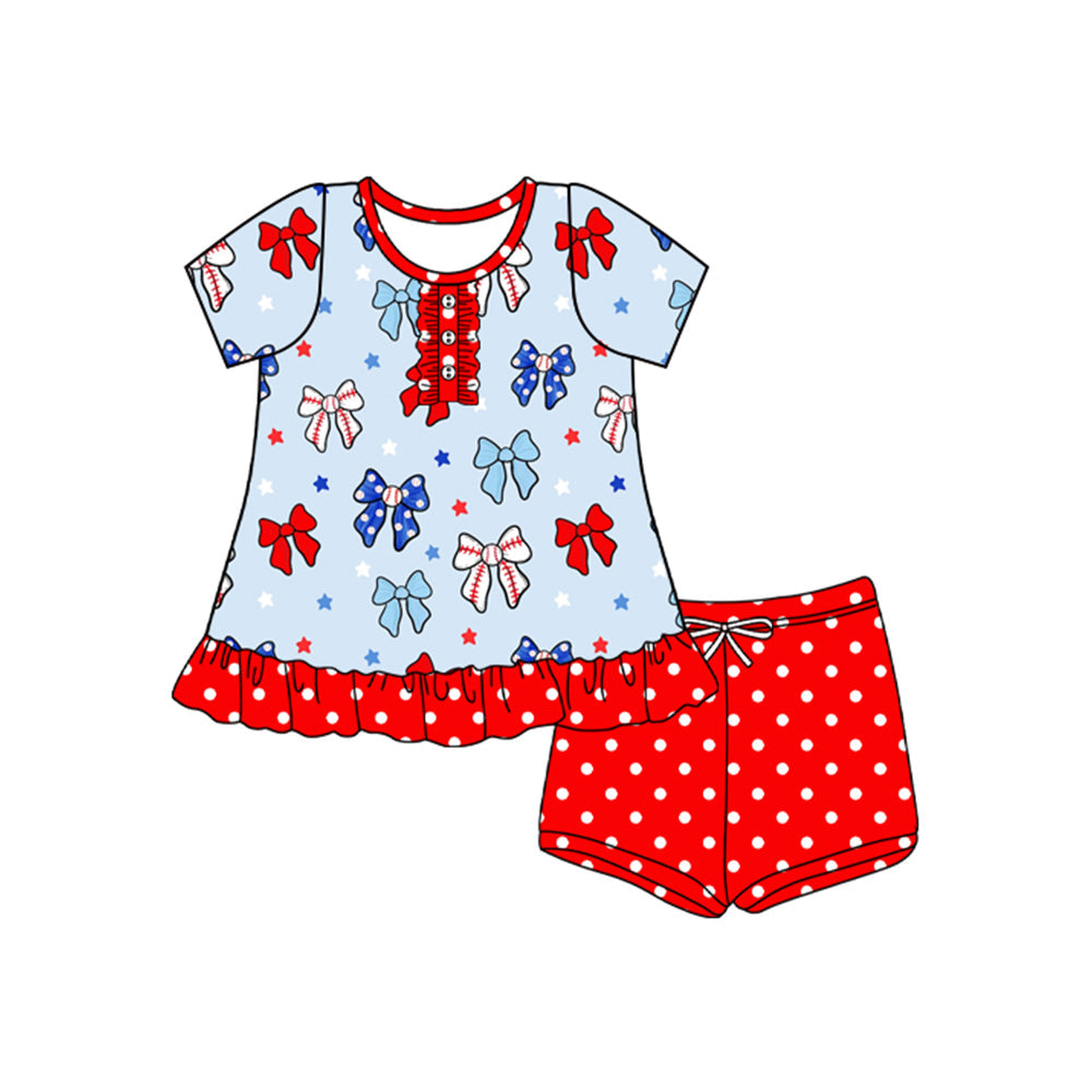 Preorder Baby Girl Short Sleeves Bows Stars Tunic Dots Shorts 4th Of July Set ( Moq 5 )