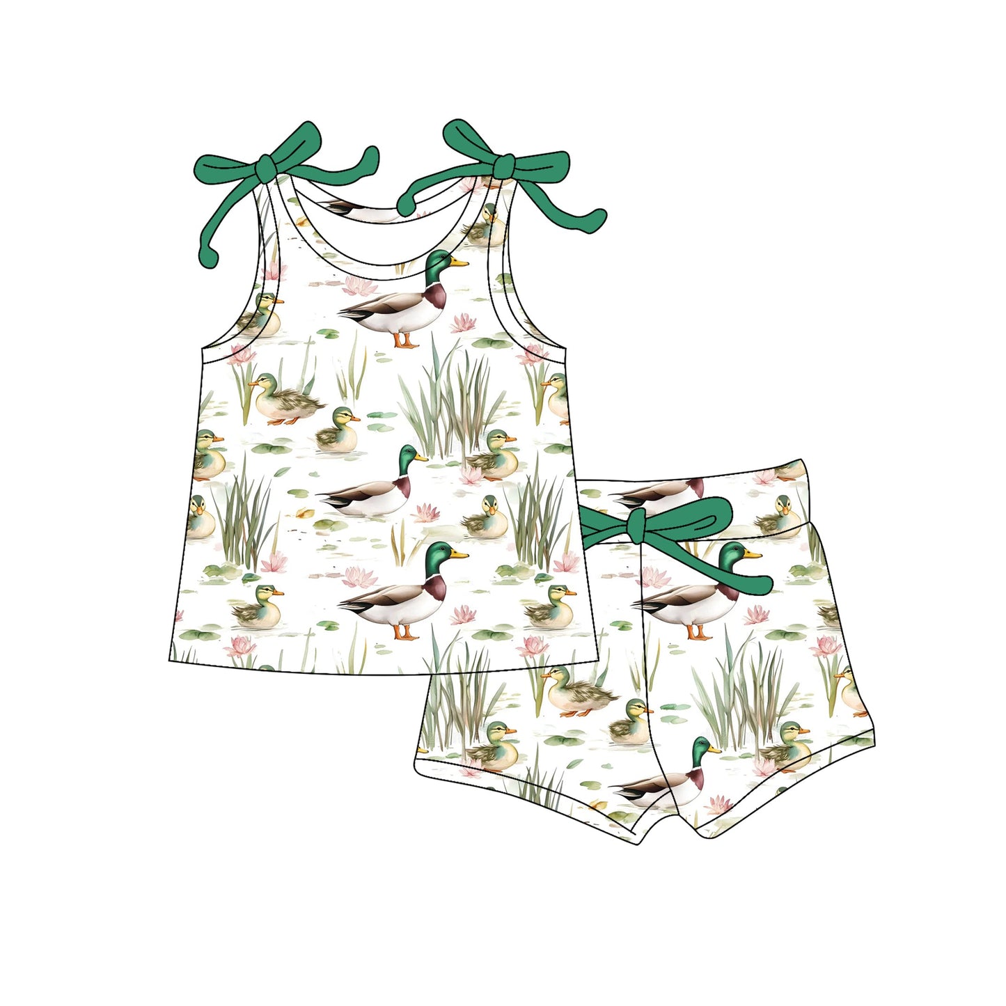 Preorder Baby Girl Green Bows Straps Ducks Tops Short Set ( Moq 5 )