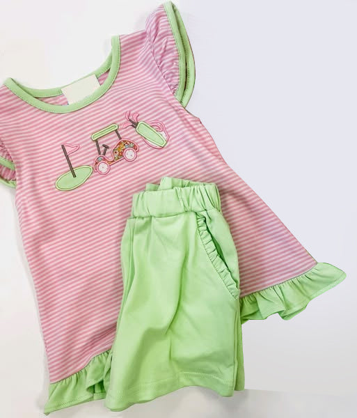 Preorder Baby Girl Short Sleeves Golf Stripes Tunic Green Ruffle Pockets Shorts Set ( Moq 5 )