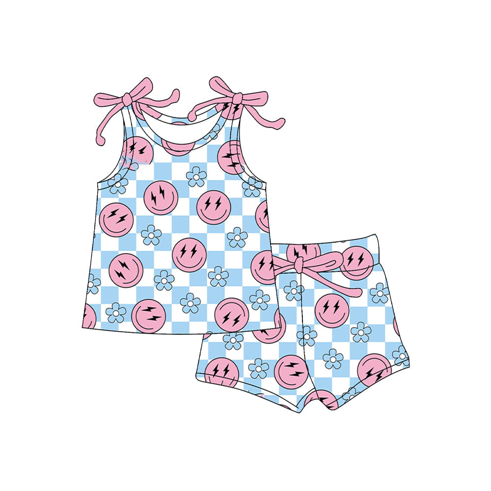 Preorder Baby Girl Straps Smile Flower Checked Tops Shorts Set ( Moq 5 )