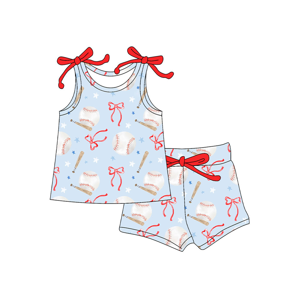 Preorder Baby Girl Sleeveless Bows Baseball Tops Shorts Set ( Moq 5 )