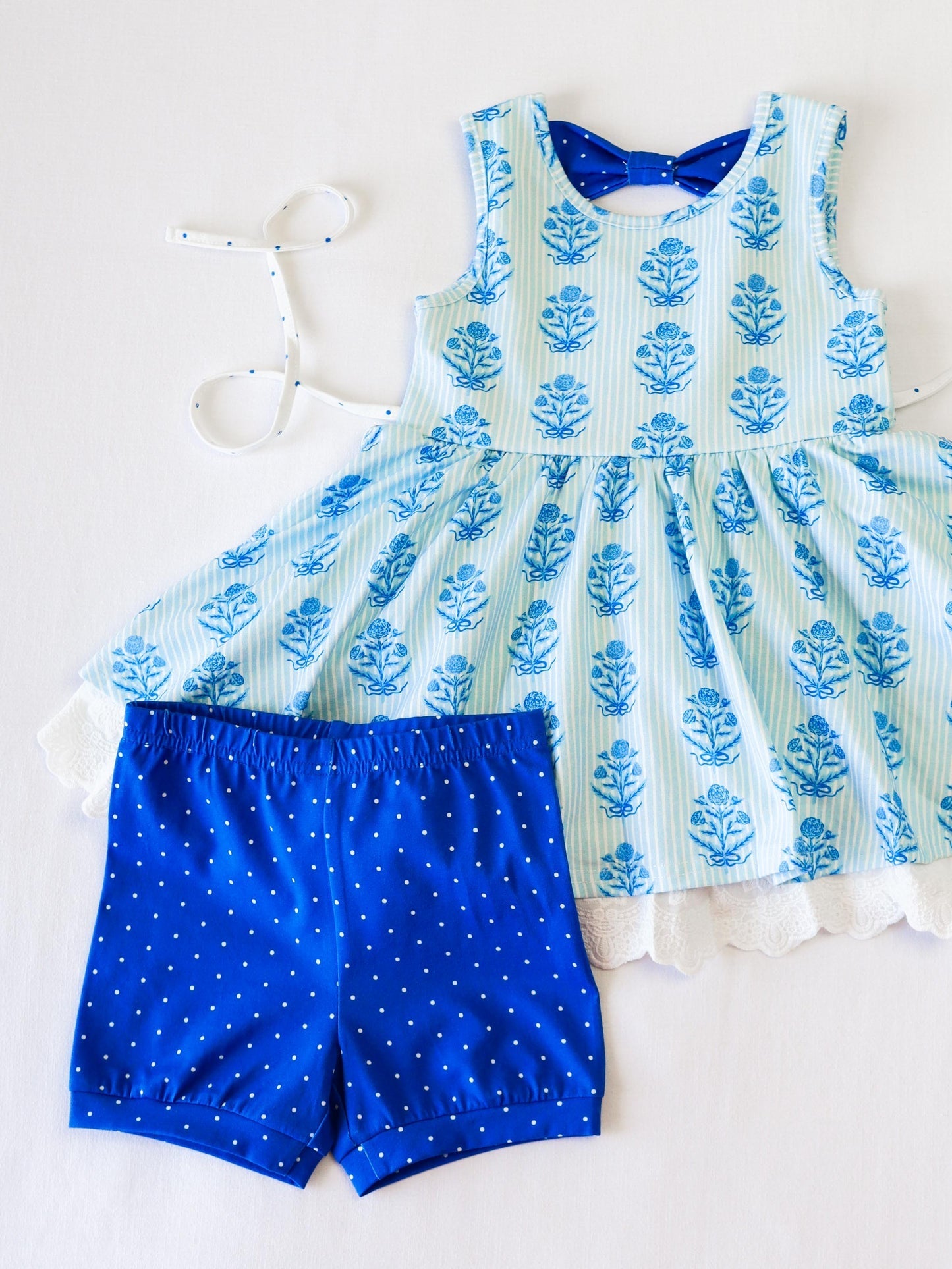 Preorder Baby Girl Stripes Flower Tunic Dots Blue Shorts Set ( Moq 5 )