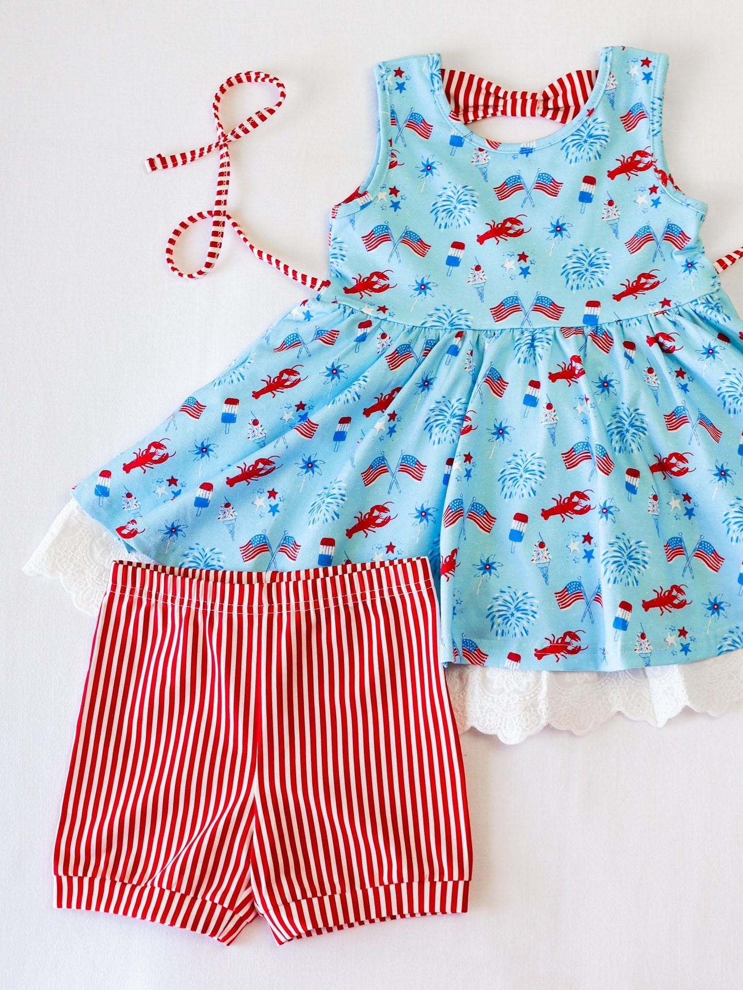 Preorder Baby Girl Flags Crawfish 4th Of July Tunic Stripes Shorts Set ( Moq 5 )