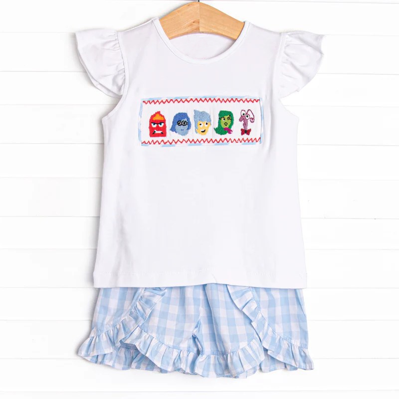 Preorder Baby Girl Short Sleeves Cartoon Shirt Blue Plaid Ruffle Shorts Set ( Moq 5 )