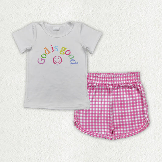 Baby Girl Short Sleeves Smile Shirt Plaid Shorts Set RTS