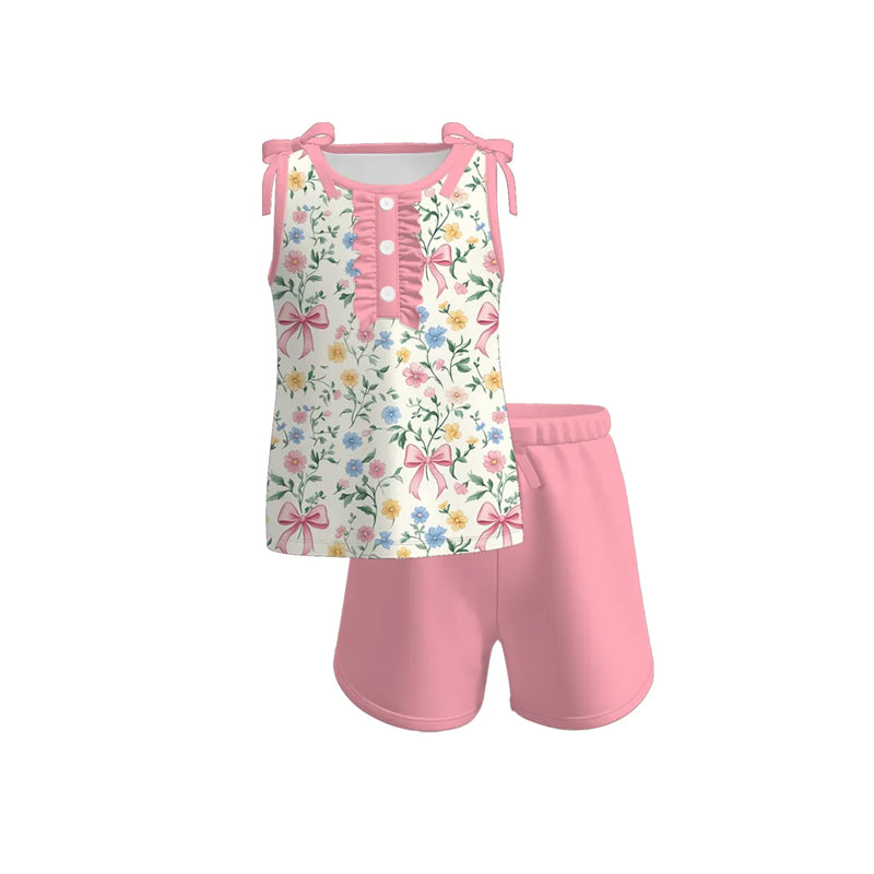 Preorder Baby Girl Sleeveless Bows Flower Shirt Pink Shorts Set ( Moq 5 )