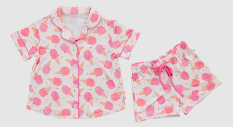 Preorder Baby Girl Short Sleeves Ice Cream Buttons Shirt Shorts Pajamas Set ( Moq 5 )