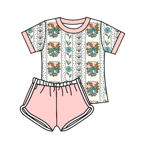 Preorder Baby Girl Short Sleeves Flower Stripes Shirt Shorts Set ( Moq 5 )