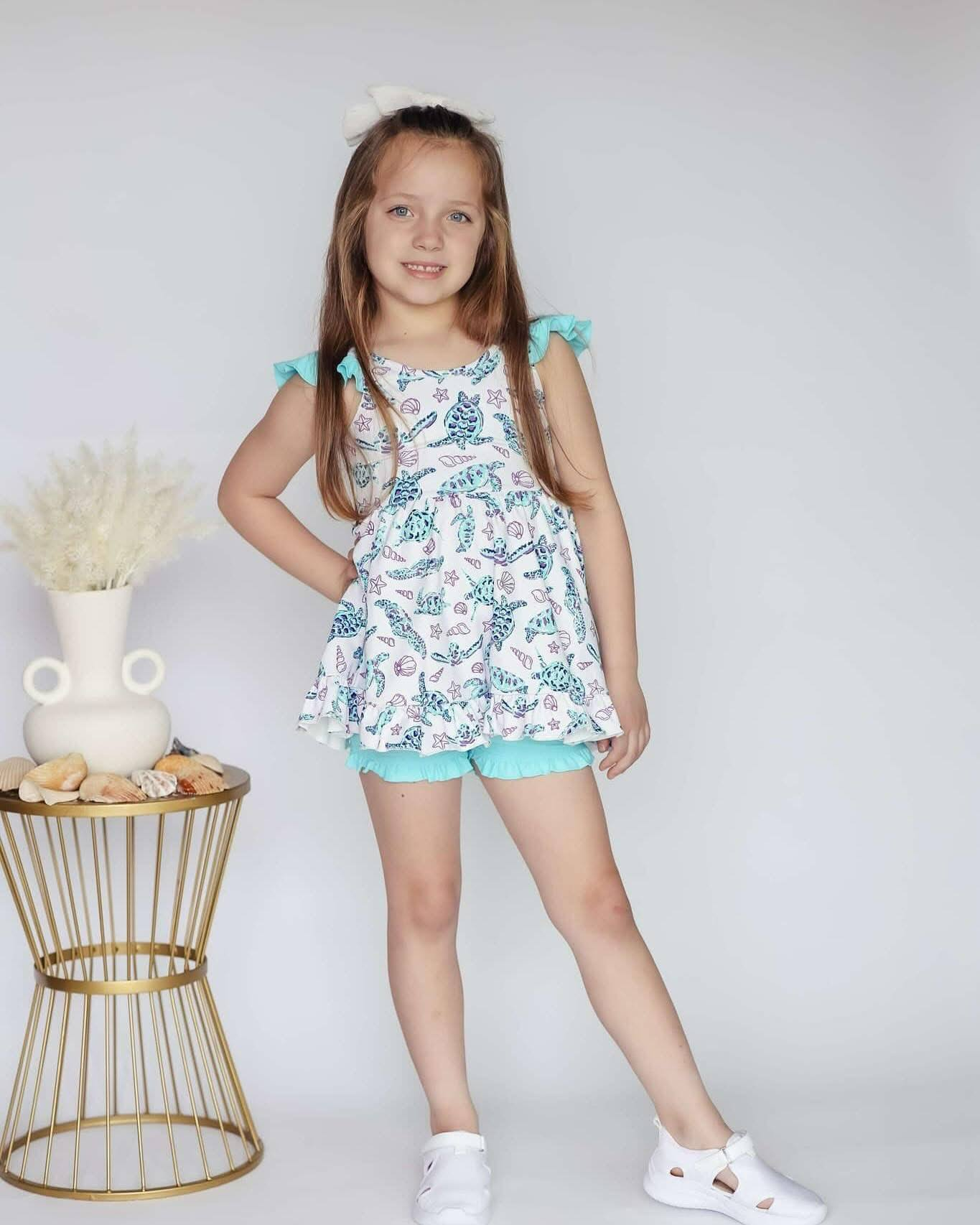Preorder Baby Girl Short Sleeves Turtles Tunic Ruffle Shorts Set ( Moq 5 )
