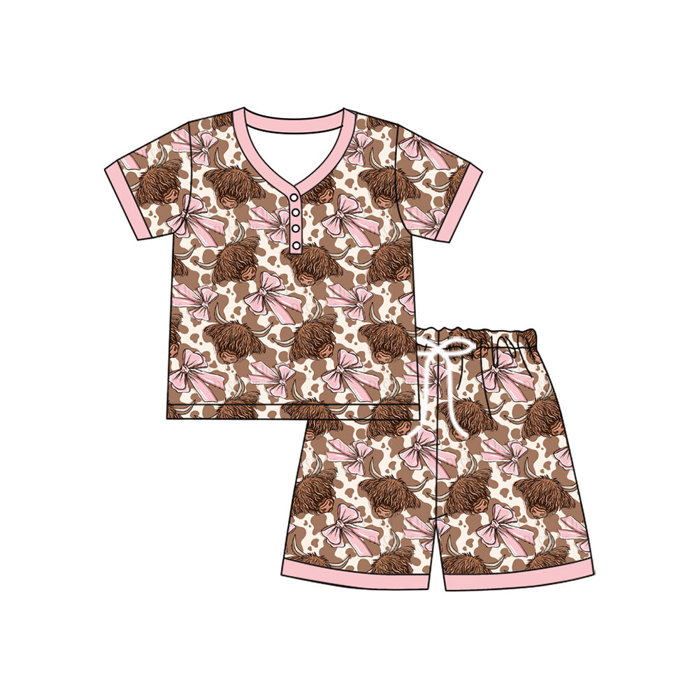 Preorder Adult Women Short Sleeves Western Cow Print Bows Shirt Shorts Pajamas Set ( Moq 5 )