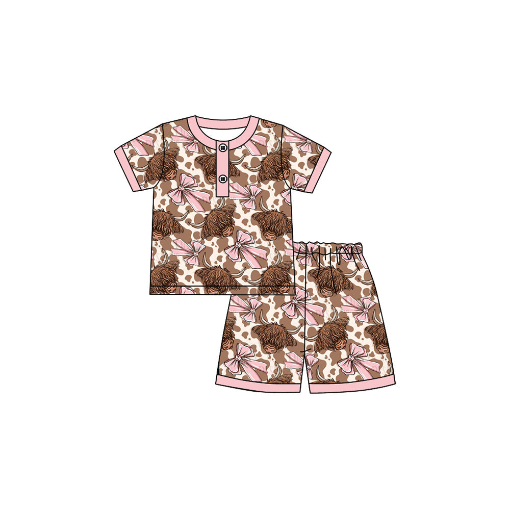 Preorder Baby Girl Short Sleeves Western Cow Print Bows Shirt Shorts Pajamas Set ( Moq 5 )