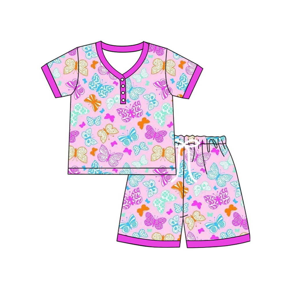 Preorder Adult Women Short Sleeves Butterfly Buttons Shirt Shorts Pink Pajamas Set ( Moq 5 )