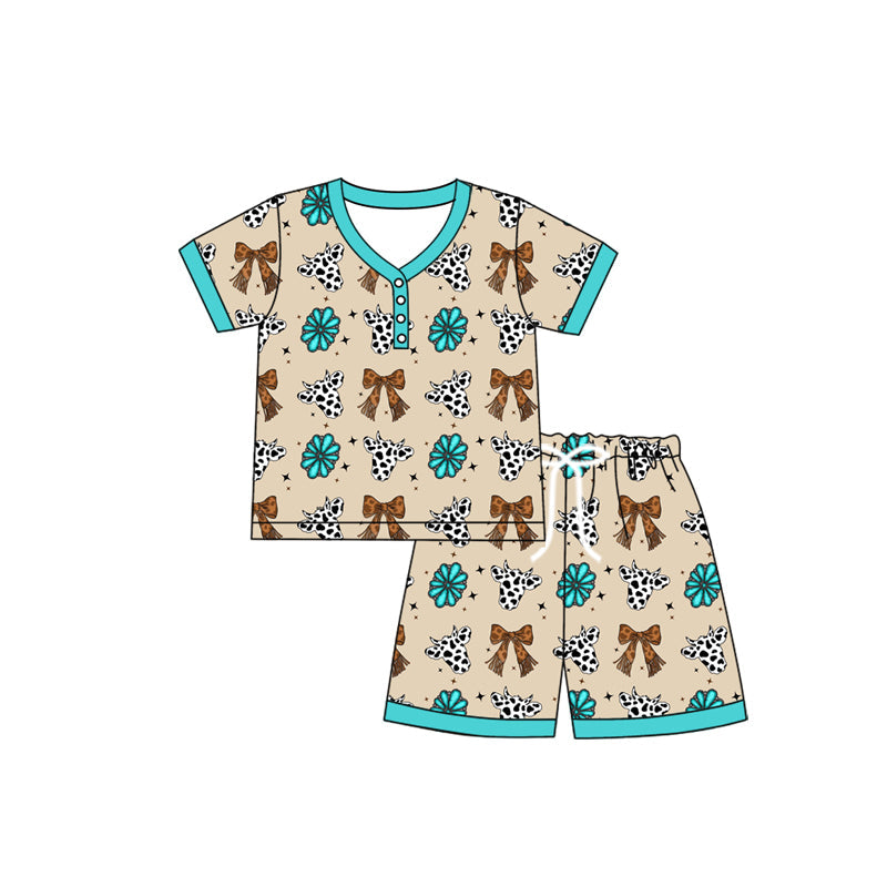 Preorder Adult Women Short Sleeves Bows Cow Buttons Shirt Shorts Western Pajamas Sets ( Moq 5 )