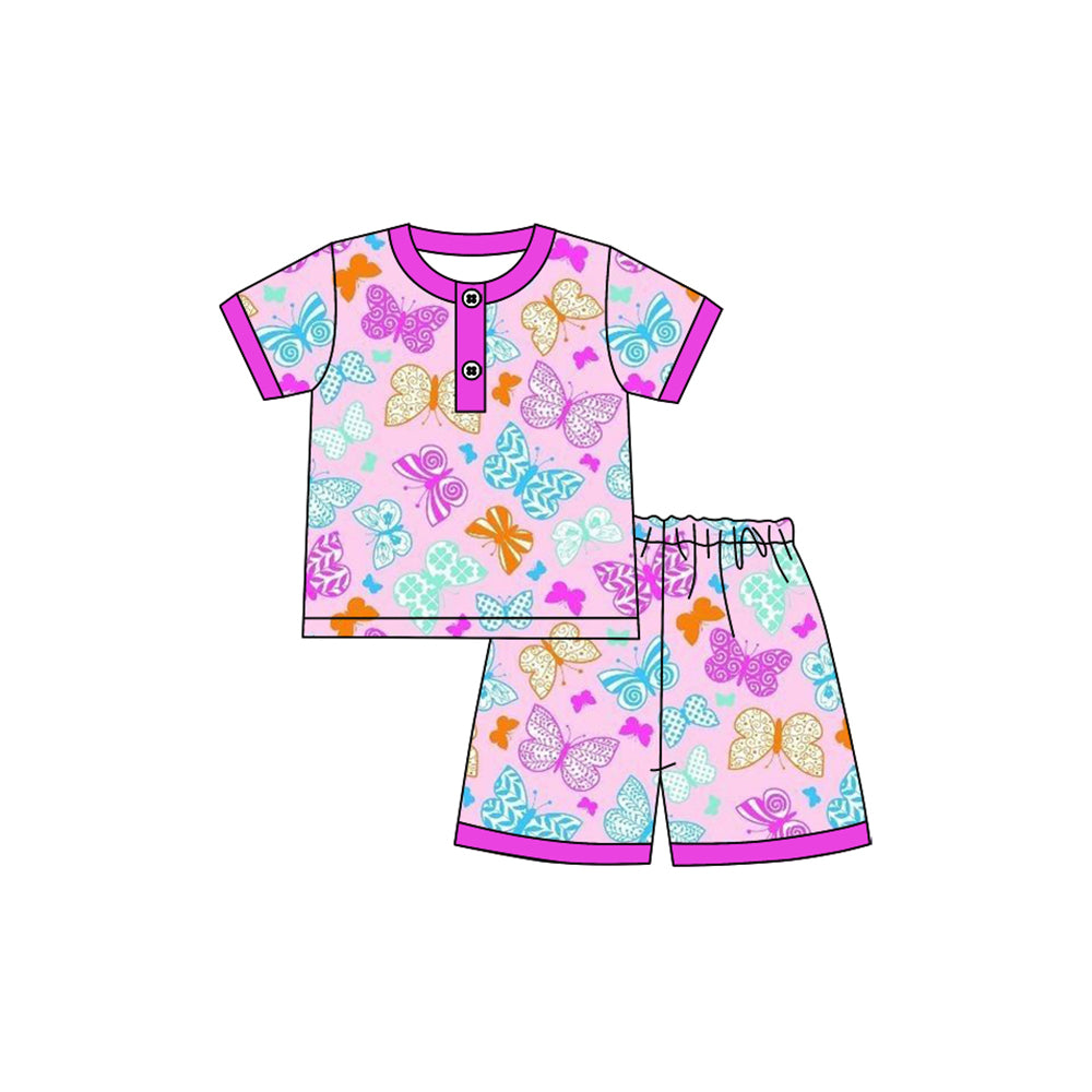 Preorder Baby Girl Short Sleeves Butterfly Buttons Shirt Shorts Pink Pajamas Set ( Moq 5 )