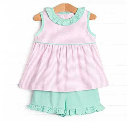 Preorder Baby Girl Sleeveless Stripes Tunic Ruffle Shorts Set( Moq 5 )