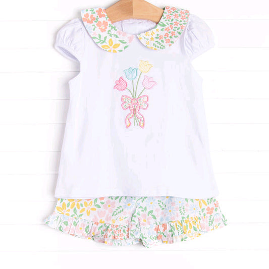 ( Moq 5 ) Preorder Baby Girl Short Sleeves Flower Shirt Ruffle Shorts Set