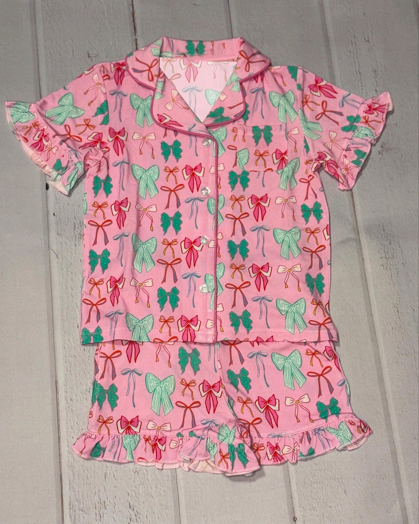 ( Moq 5 ) Preorder Baby Girl Short Ruffle Sleeves Bows Buttons Pocket Shirt Sorts Pajamas Set